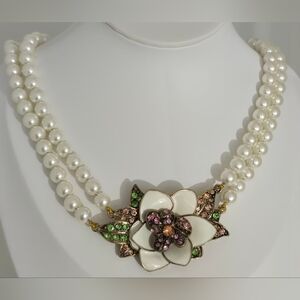 Elegant Pearl Necklace with Enamel Floral Pendant